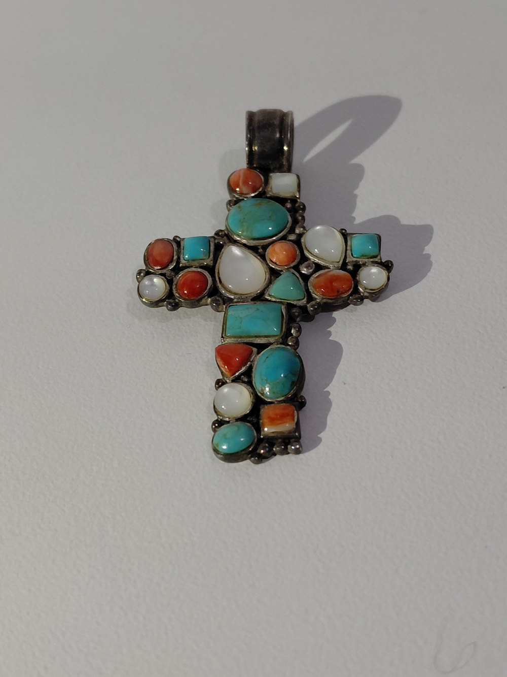 Multi-Stone Cross Pendant with Turquoise, Coral and Mother-of-Pearl